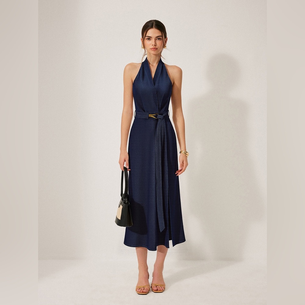 SOLDOUT/Denim Belted Halter Neck Midi Dress 69$